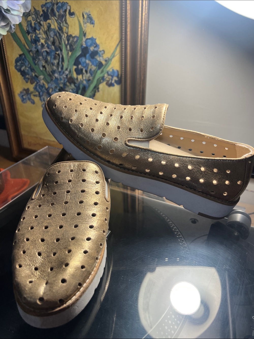 Johnston & Murphy Metallic Gold Perforated Slip-On Loafers